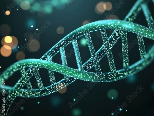 Fototapeta Abstract representation of a DNA strand with glowing particles.