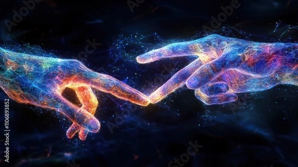 Fototapeta An artistic representation of the relationship between humans and artificial intelligence, highlighting synergy