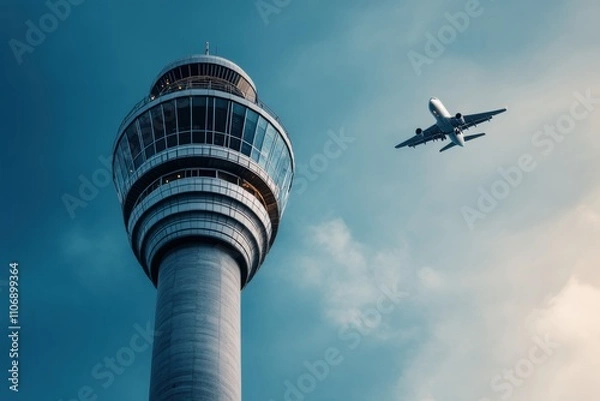 Obraz aviation design, new air traffic control tower at the airport against clear blue skies, with a plane taking off in the background