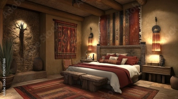 Fototapeta Southwest-inspired bedroom with rich colors, natural materials, and soft lighting, creating a tranquil and stylish environment