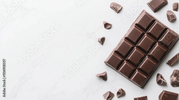 Obraz Delicious dark chocolate bar with chunks on white marble background
