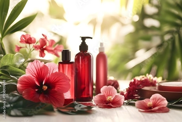 Obraz Hibiscus Beauty Products, Shampoo, Cosmetics, Oil, Mock-up Products, Generative AI