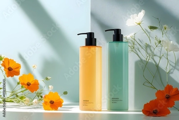Obraz Hibiscus Beauty Products, Shampoo, Cosmetics, Oil, Mock-up Products, Generative AI