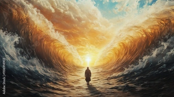 Fototapeta Moses parting the Red Sea, with towering walls of water	