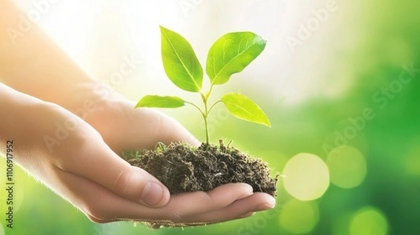 Fototapeta A person is holding a small plant in their hand