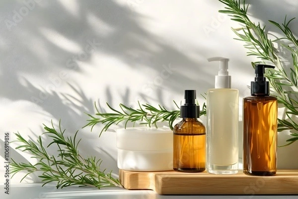 Obraz Rosemary Beauty Products, Shampoo, Cosmetics, Oil, Mock-up Products, Generative AI