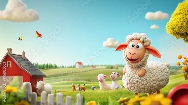 Fototapeta Happy cartoon sheep in a sunny farm field.
