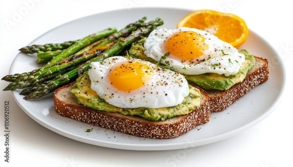Fototapeta Healthy food mashed avocado on whole grain bread toast with eggs, asparagus, and orange on a white plate