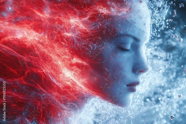 Fototapeta . A human face dissolving into Quantum Particles, with small fragments breaking away and floating. 