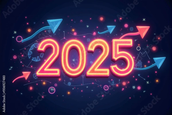 Obraz 2025 with pointing arrows and a graph on background