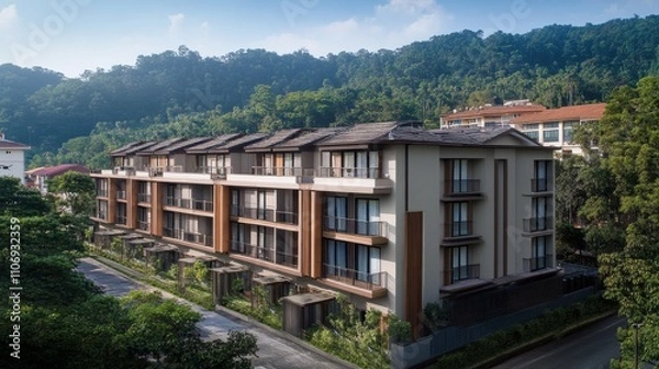 Obraz Modern apartment building nestled in lush green hills