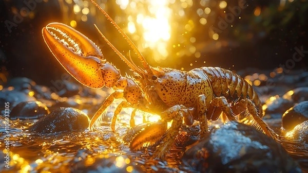 Fototapeta A vibrant lobster stands on rocky terrain, illuminated by warm sunlight, showcasing its detailed shell and prominent claws.