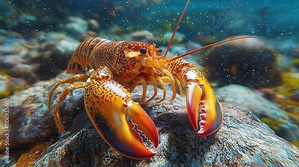 Fototapeta A colorful lobster resting on rocky sea bed, showcasing its large claws and vibrant markings in a clear underwater scene.