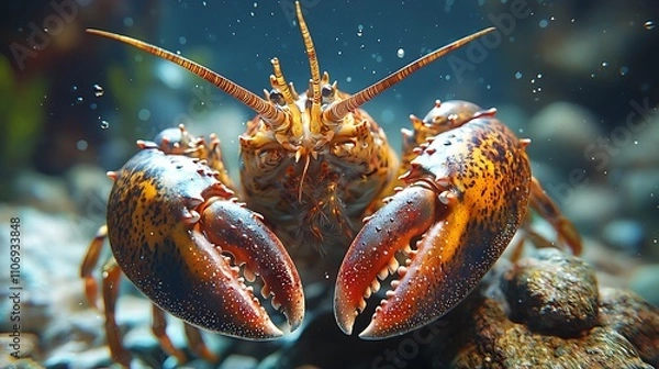 Fototapeta A vibrant underwater image of a lobster showcasing its distinctive claws and textured shell.