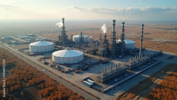 Fototapeta Aerial view of a natural gas refinery with processing units and storage tanks set against an expansive landscape