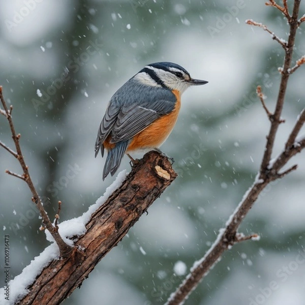 Fototapeta A red-breasted nuthatch perched on a pine tree branch, surrounded by snow with a white sky backdrop.