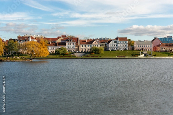 Obraz View of the Troitskoye suburb and the Svisloch River in Minsk, Belarus.