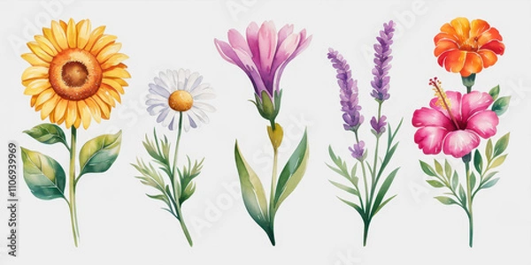 Obraz Watercolor Floral Collection: A vibrant collection of hand-painted watercolor flowers, perfect for adding a touch of elegance and beauty to your designs.  