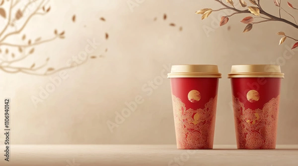 Fototapeta Minimalistic Lunar New Year-themed coffee cups in red and gold, set against a muted background with faint traditional Chinese patterns.
