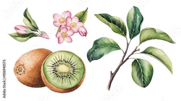 Fototapeta Ripe kiwi and kiwi slice, kiwi flowers branch and leaves, watercolor kiwi illustration, botanical illustration