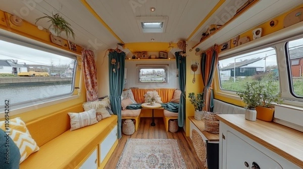 Fototapeta Cozy and vibrant interior of a canal boat with seating and decorative elements.