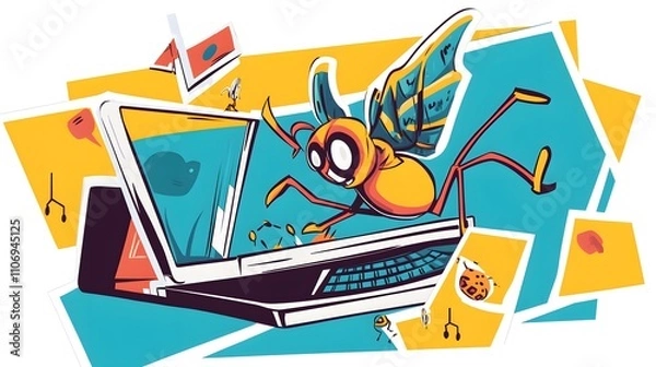 Fototapeta sticker depicting a comic bug character tackling a computer