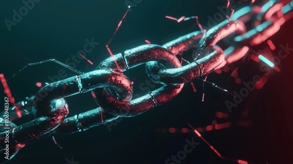 Obraz Secure Multipurpose Internet Mail Extension (S/MIME) Concept. Broken chain with sparks in a dark, dramatic setting.