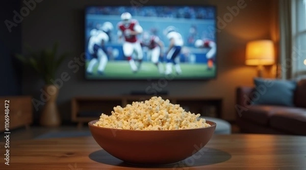 Fototapeta Bowl of popcorn in front of a TV showing a football game in a cozy living room