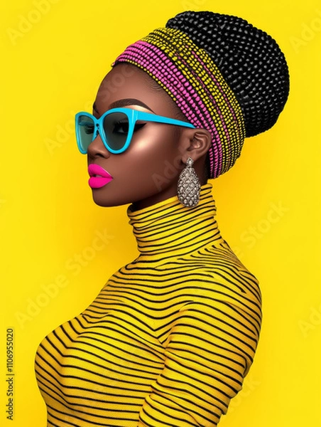Fototapeta Side-profile portrait of a woman in a colorful braided headwrap, blue sunglasses, pink lips, striped yellow turtleneck, and statement earrings, set against a vibrant yellow background for a bold aesth