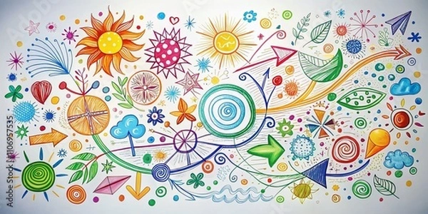 Fototapeta Hand Drawn Doodle Design Elements Featuring Arrows, Circles, and Abstract Writing on a White Background for Creative Projects and Graphic Design Inspiration
