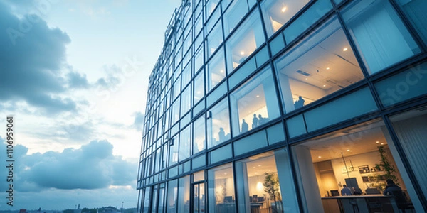 Fototapeta A modern office building with large glass windows reflecting the sky, showcasing a contemporary architectural design and the activity of people inside for architecture.