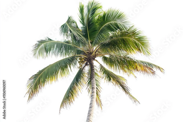 Fototapeta Selective focus tall coconut tree at the beach isolated on white background, Tropical tree at the beach, Palm tree at the island on white.