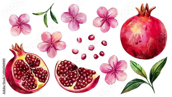 Fototapeta Red ripe pomegranate fruit and pomegranate cut, pomegranate flower branch and leaves, watercolor pomegranate illustration, botanical illustration