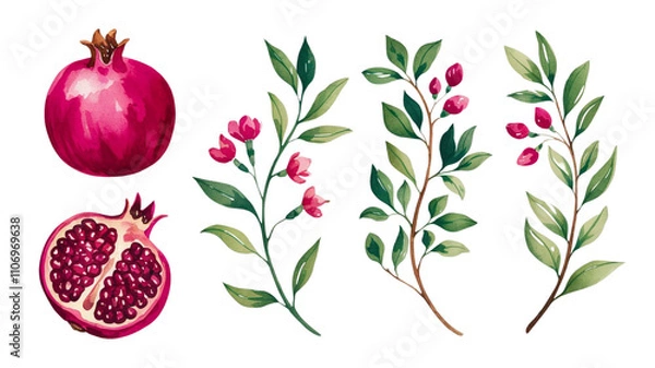 Fototapeta Red ripe pomegranate fruit and pomegranate cut, pomegranate flower branch and leaves, watercolor pomegranate illustration, botanical illustration