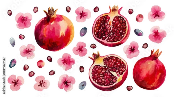Fototapeta Red ripe pomegranate fruit and pomegranate cut, pomegranate flower branch and leaves, watercolor pomegranate illustration, botanical illustration