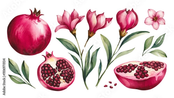 Fototapeta Red ripe pomegranate fruit and pomegranate cut, pomegranate flower branch and leaves, watercolor pomegranate illustration, botanical illustration