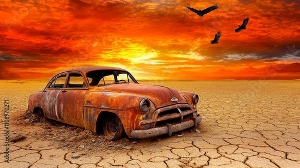 Fototapeta Post-apocalyptic desert wasteland with abandoned car and vultures
