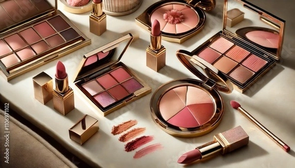 Fototapeta Elegant makeup collection featuring lipsticks, blush palettes, and eyeshadows in gold packaging, arranged beautifully with swatches on display.