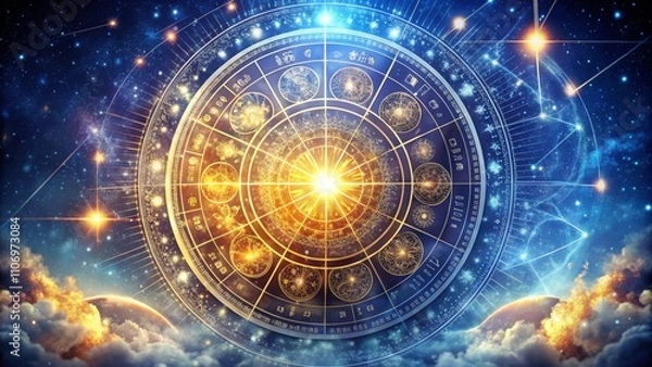 Obraz Zodiac wheel and celestial sky with radiant cosmic energy for astrology and horoscope design