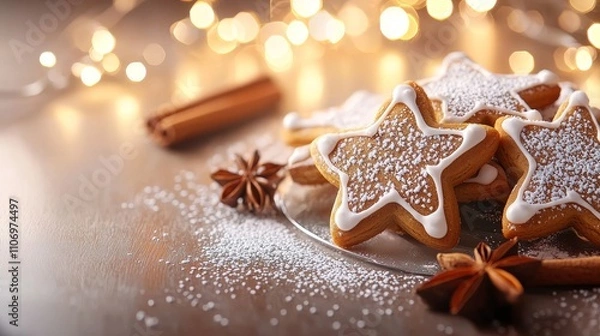Fototapeta A cozy holiday table with gingerbread star-shaped tree cookies, lightly sprinkled with powdered sugar, warm lighting, and cinnamon sticks in the background