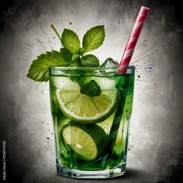 Fototapeta Bright watercolour artwork with splashes of an isolated raw freshly squeezed Mojito with lime and mint in a transparent cup. Cocktail Straw Birthday. 