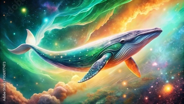 Fototapeta Magical cosmic whale: enchantment and wonder in a vibrant space fantasy scene