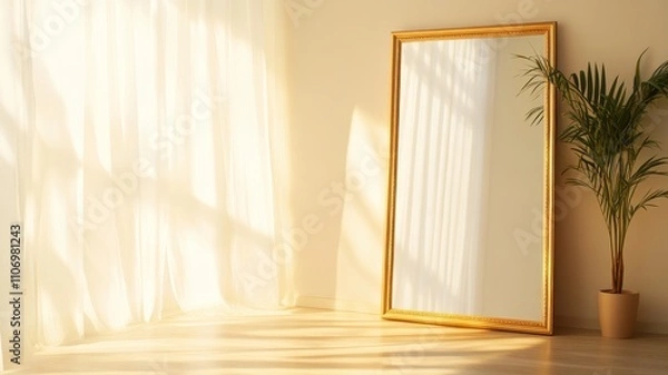 Fototapeta Elegant oversized antique mirror with ornate gold frame, beautifully leaning against a vintage wall.