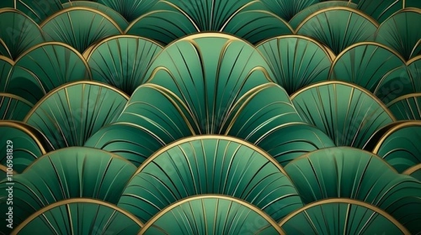 Obraz A shimmering, metallic wallpaper with an Art Deco-inspired geometric pattern in shades of gold and green, creating a sense of opulence and glamour. 