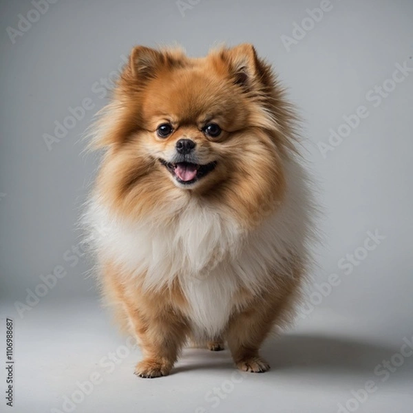 Fototapeta A fluffy Pomeranian with its tail wagging, surrounded by a white backdrop.

