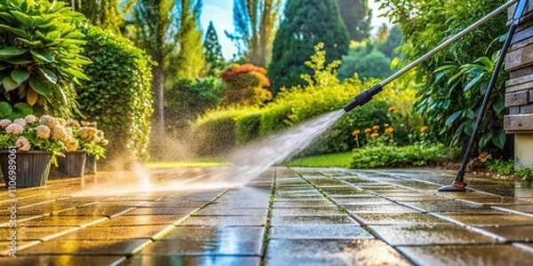 Obraz Long Exposure of High-Pressure Cleaning Patio with Karcher Washer, Close-Up View of Washing Paving Slabs in a Garden, Sparkling Clean Sidewalk, Outdoor Maintenance Scene