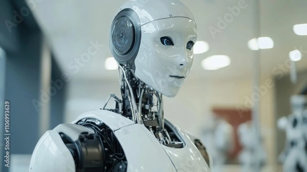 Fototapeta Factory robot self-calibrating with AI for precision