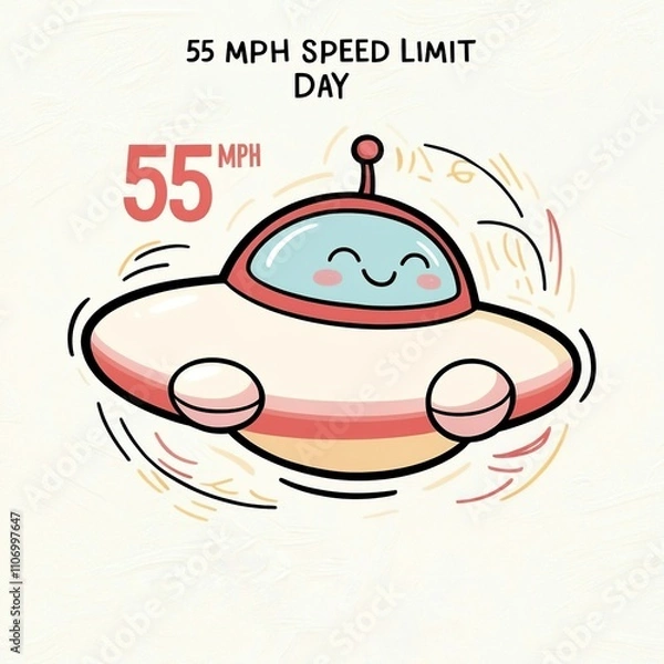 Fototapeta Whimsical hand-drawn clip artwork of a smiling face of an unidentified flying object in a vector style with bold lines, soft curves, and delicate textures. Pastel creamy card. 55 Mph speed limit Day