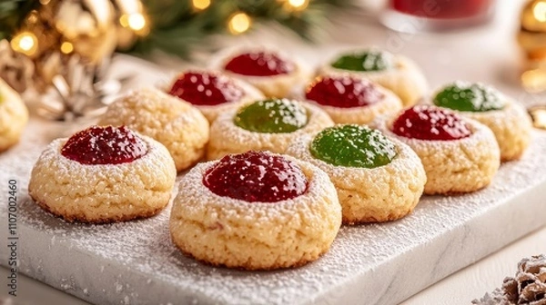 Fototapeta Bake thumbprint cookies filled with red and green jam for a simple yet festive treat