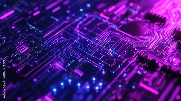 Fototapeta Computer chip with purple and blue lights is displayed in the image. The chip is a representation of a computer chip, and the lights are meant to give it a futuristic and technological feel